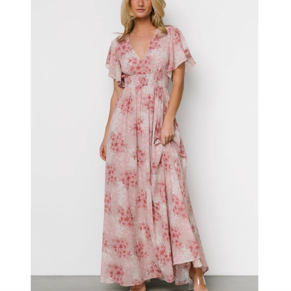 Baltic Born - Lynlee Metallic Pink Floral Flutter Sleeve Maxi Dress - Small